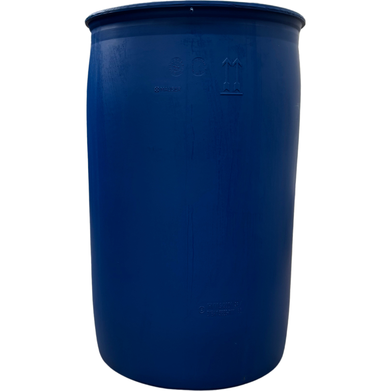 SCHÜTZ  vagy Mauser  220 literes mosott ,kék színű, rögzített tetejű tri-sure záras műanyag hordó , UN minősített,